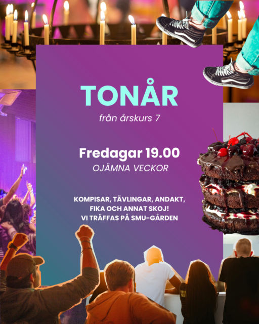 Tonår möts på SMU-gården ojämna veckor. Från årskurs 7. Fredagar kl 19