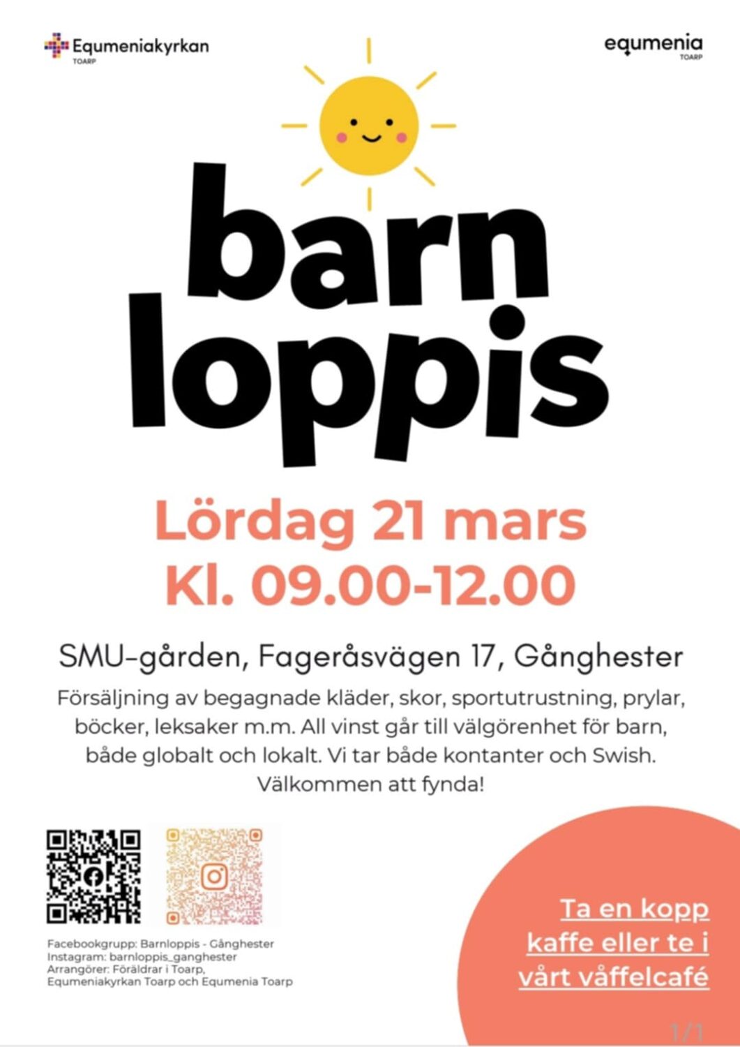 Affisch för barnloppis, 21 mars kl 09-12 på SMU-gården Gånghester