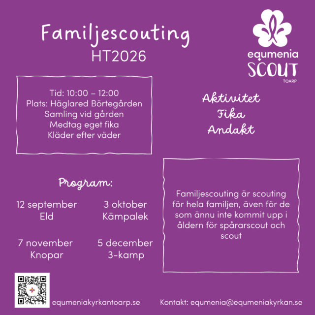 Bild som visar schemat för familjescout ht26. 12 sep Eld, 3 okt Kämpalek, 7 nov Knopar, 5 dec 3-kamp